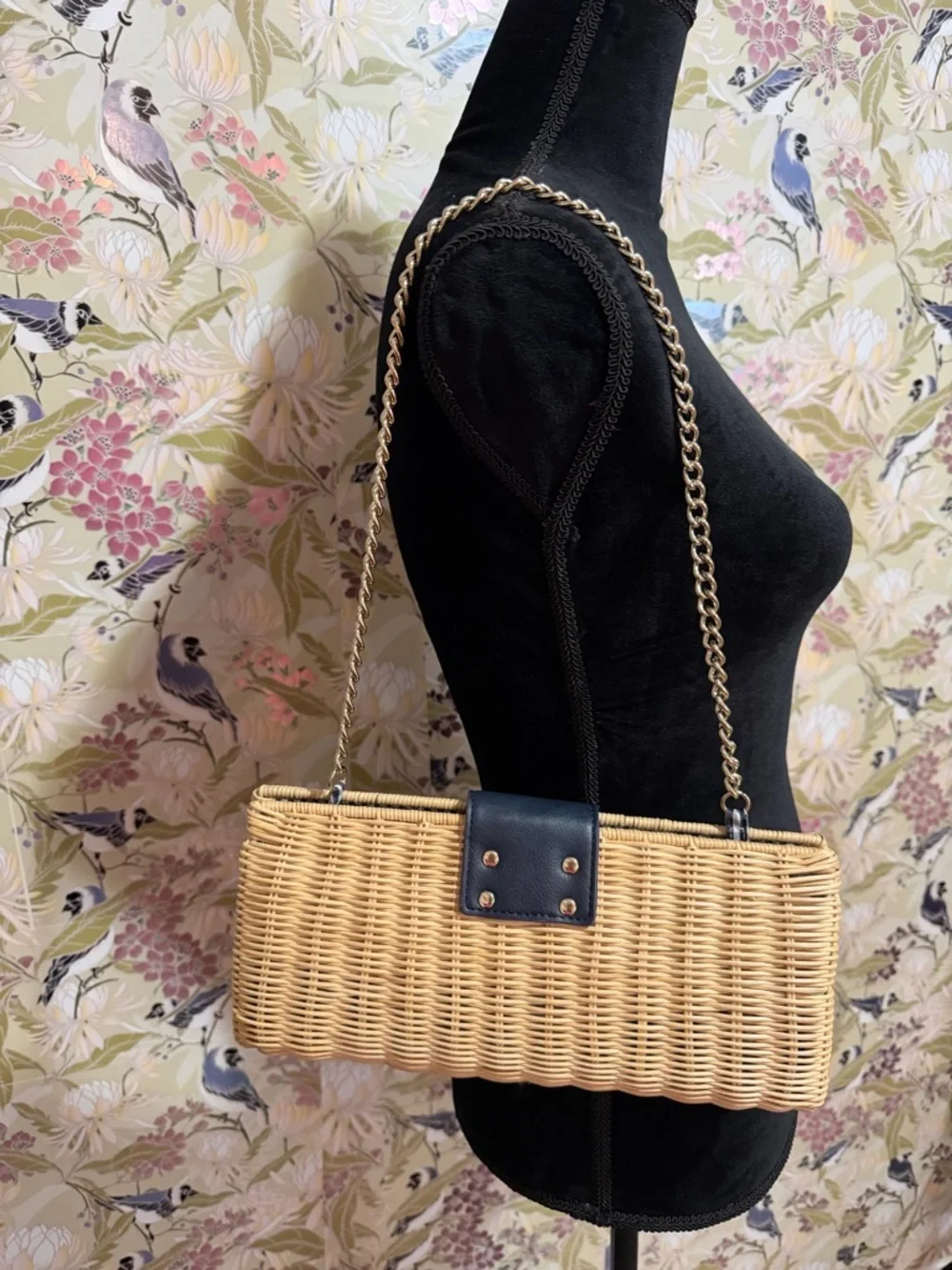 Talbots Natural Woven Clutch with Navy Tab and Multicolor Fan Accent